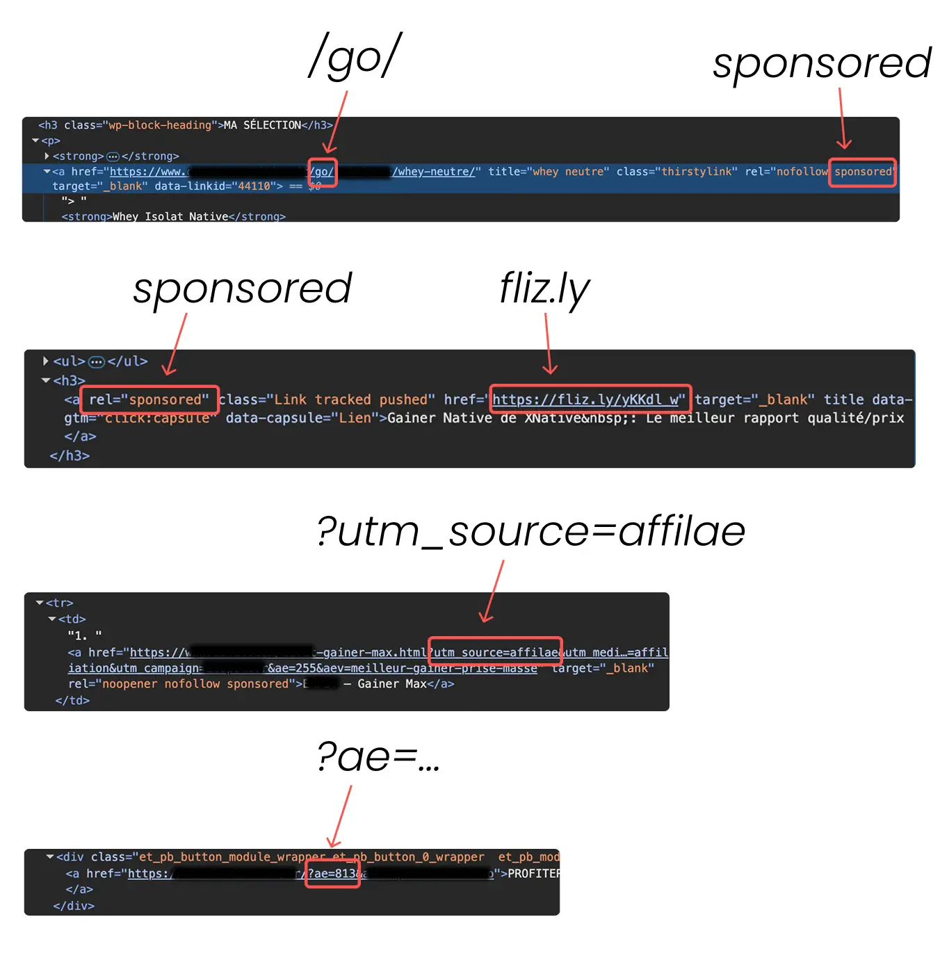 Capture d'écran de liens de suivi et paramètres URL, indiquant des affiliations et redirections pour des produits nutritionnels.