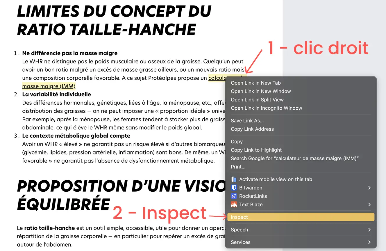 Texte sur les limites du ratio taille-hanche, avec des options pour inspecter un lien sur un site de nutrition sportive.