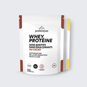 Protéine Whey Protéalpes au cacao, sans additifs ni édulcorants, pour optimiser la récupération musculaire.