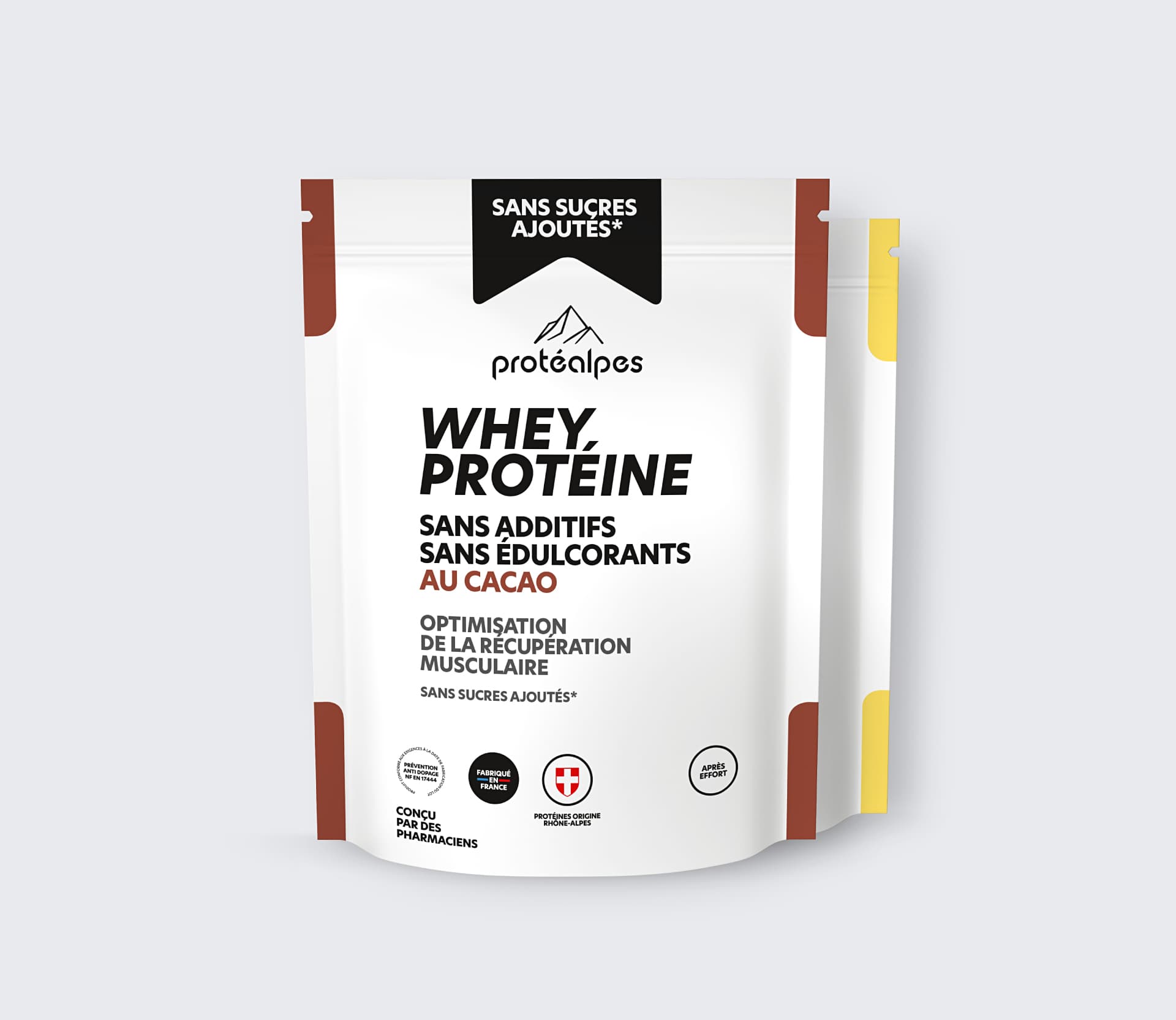 Protéine Whey Protéalpes au cacao, sans additifs ni édulcorants pour une récupération musculaire optimisée et saine.