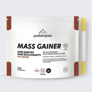 Protéalpes Mass Gainer : produit de nutrition sportive sans additifs, sans édulcorants, au cacao, pour développer la masse musculaire.