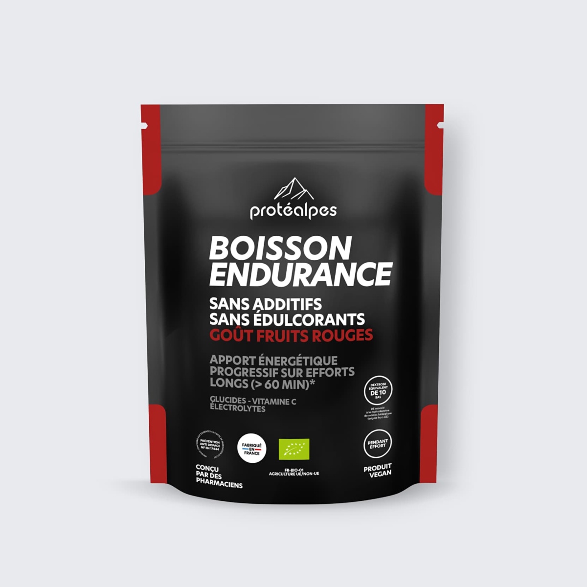 Boisson énergétique sans additifs ni édulcorants, goût fruits rouges. Pour effort long, qualité Protéalpes, produit vegan.