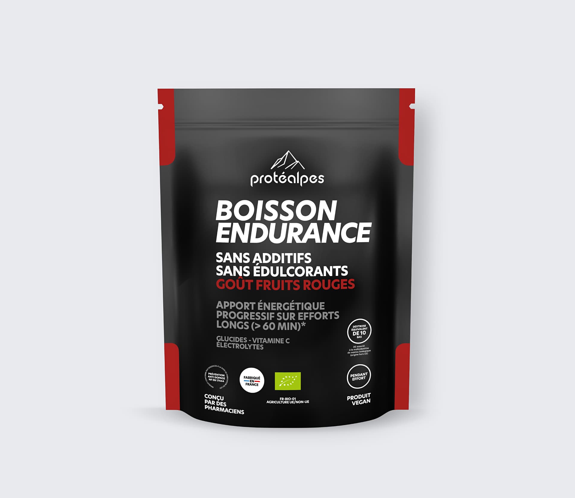 Boisson énergétique sans additifs ni édulcorants, goût fruits rouges. Pour effort long, qualité Protéalpes, produit vegan.