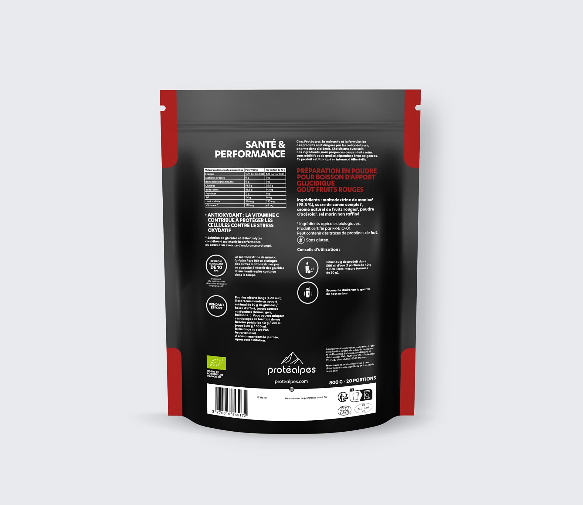 Emballage de boisson glucidique Protéalpes, goût fruits rouges, sans édulcorants, sans additifs, bio et haute qualité.