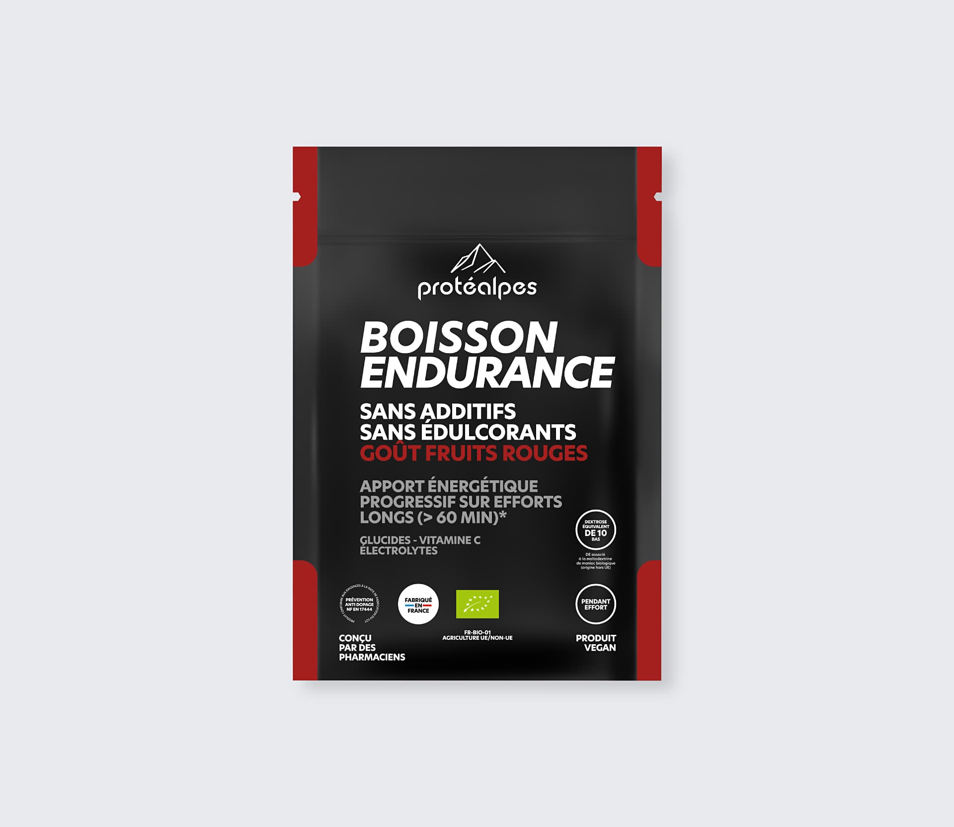 Boisson endurance Protéalpes sans additifs ni édulcorants, goût fruits rouges. Énergie progressive pour efforts longs.