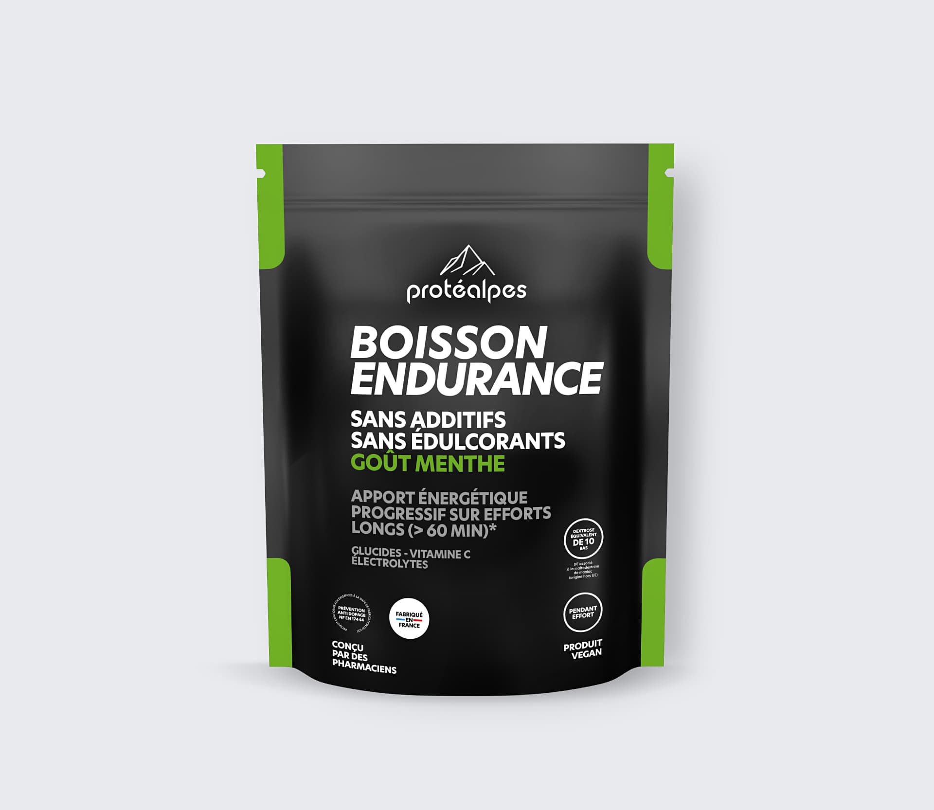 Boisson endurance Protéalpes, goût menthe, sans additifs ni édulcorants, énergie progressive pour efforts longs, 100% naturel.