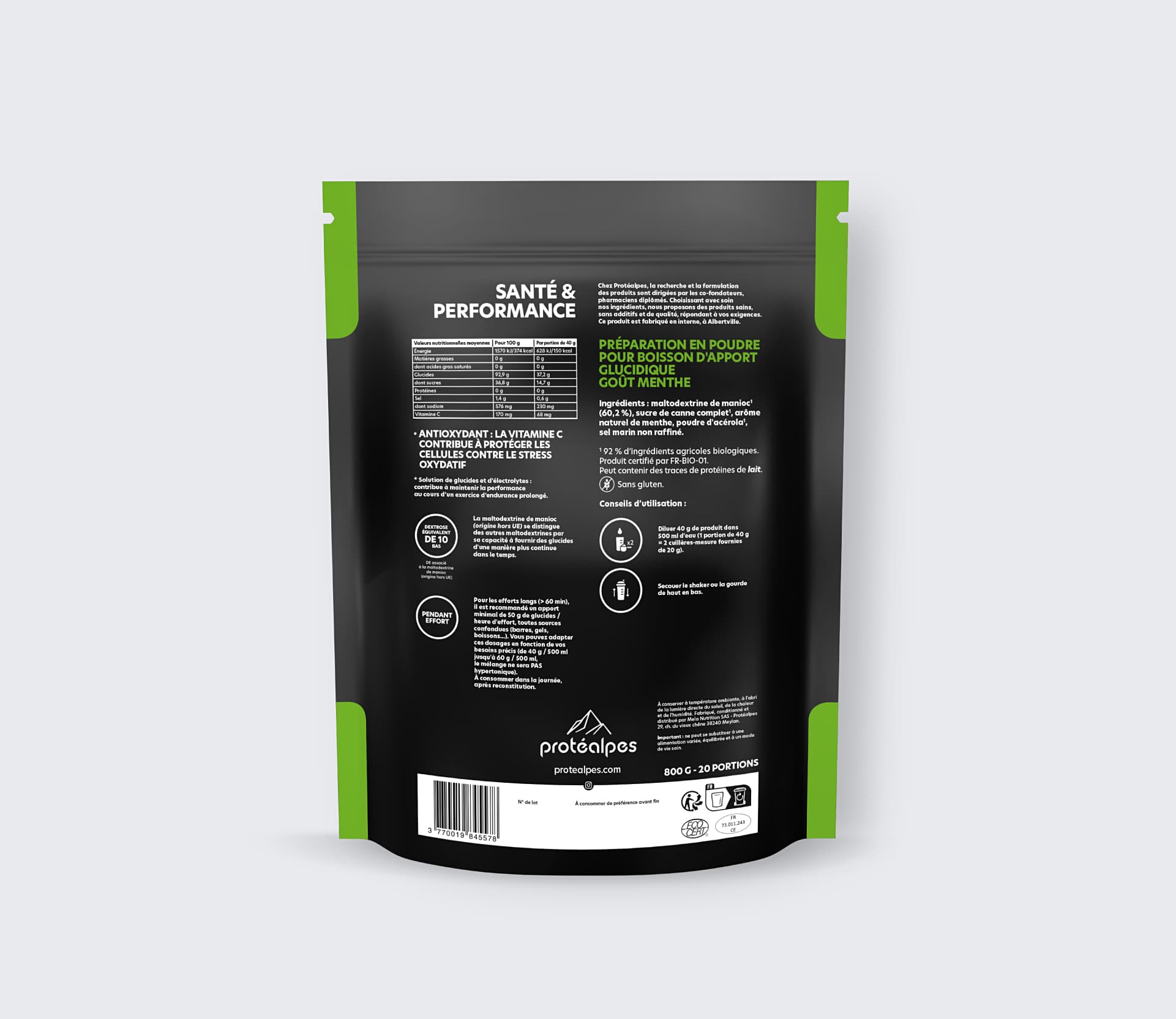 Emballage Protéalpes : préparation en poudre menthe, sans édulcorants ni additifs, pour nutrition sportive de haute qualité.