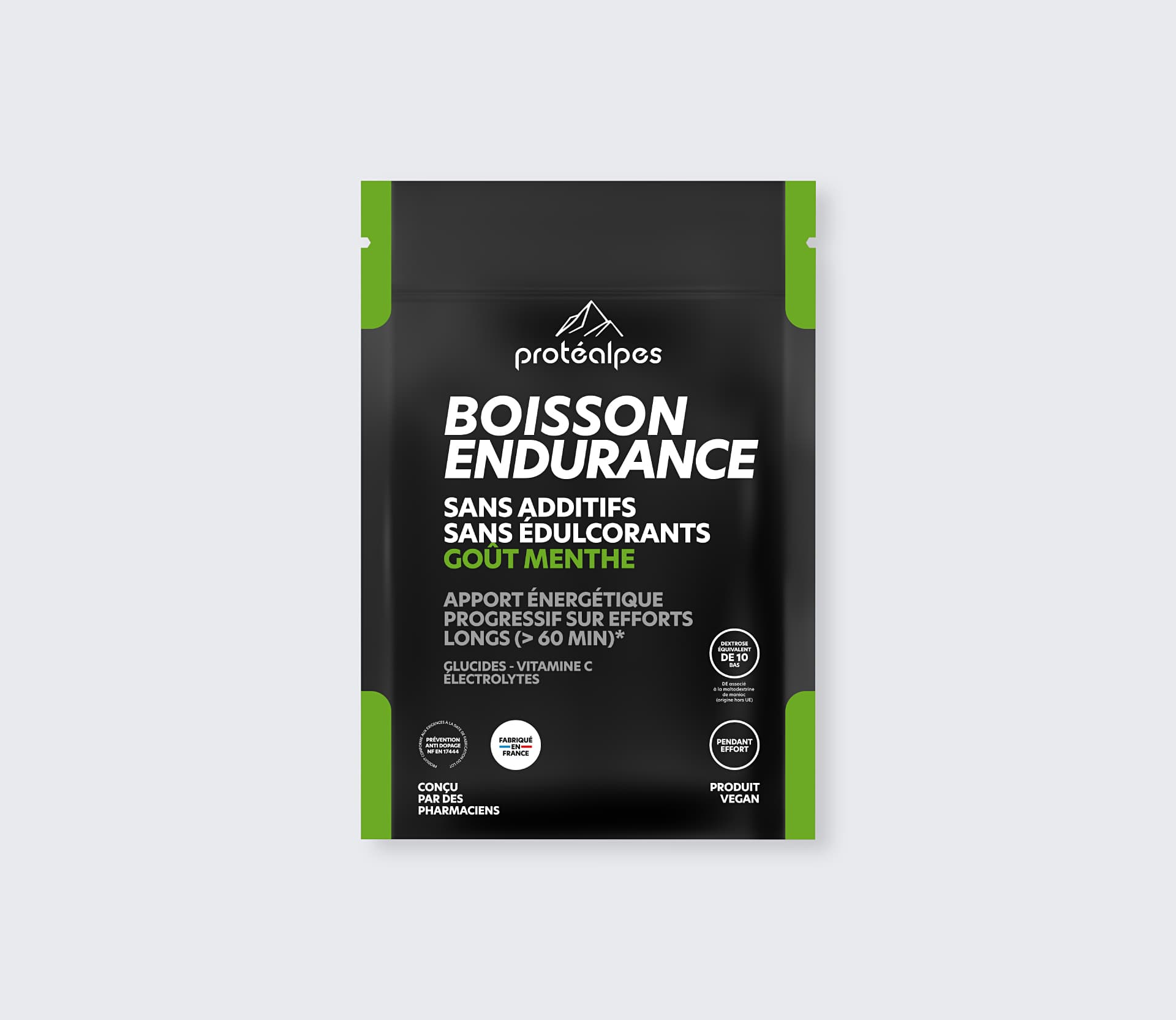 Sachet de boisson endurance goût menthe Protéalpes, sans additifs ni édulcorants, pour un apport énergétique progressif.