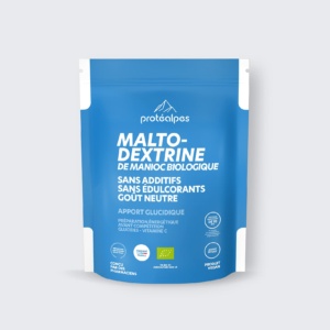 Maltodextrine de manioc bio Protéalpes, sans additifs ni édulcorants, goût neutre, nutrition sportive de haute qualité.