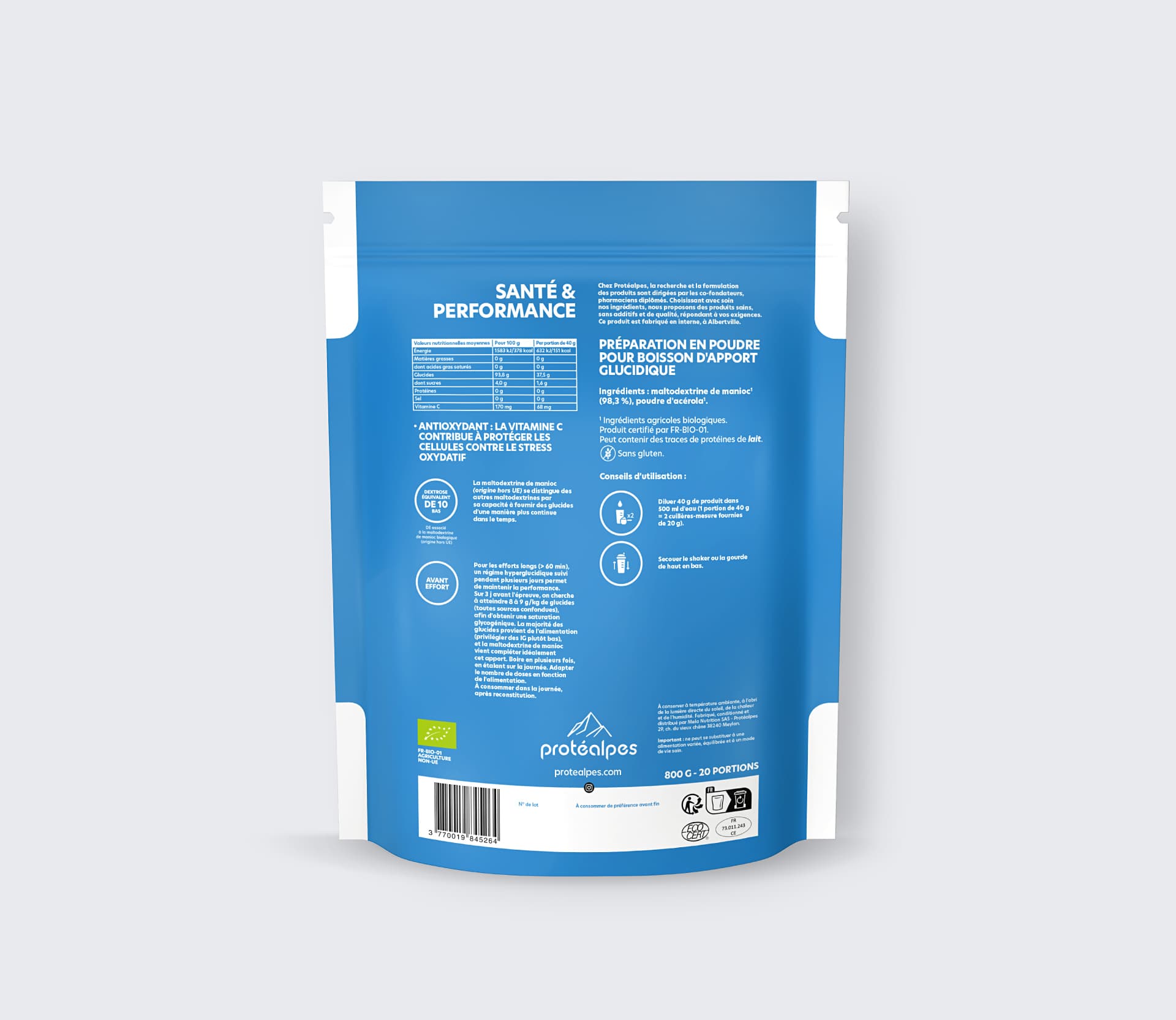 Emballage de poudre pour boisson glucidique Protéalpes, sans édulcorants ni additifs, pour une nutrition sportive de qualité.