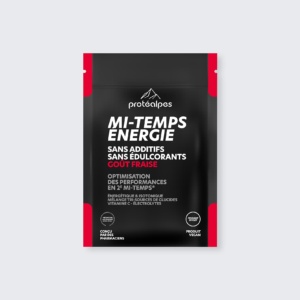 Sachet Protéalpes Mi-Temps Energie goût fraise, sans additifs ni édulcorants, pour optimiser les performances sportives.