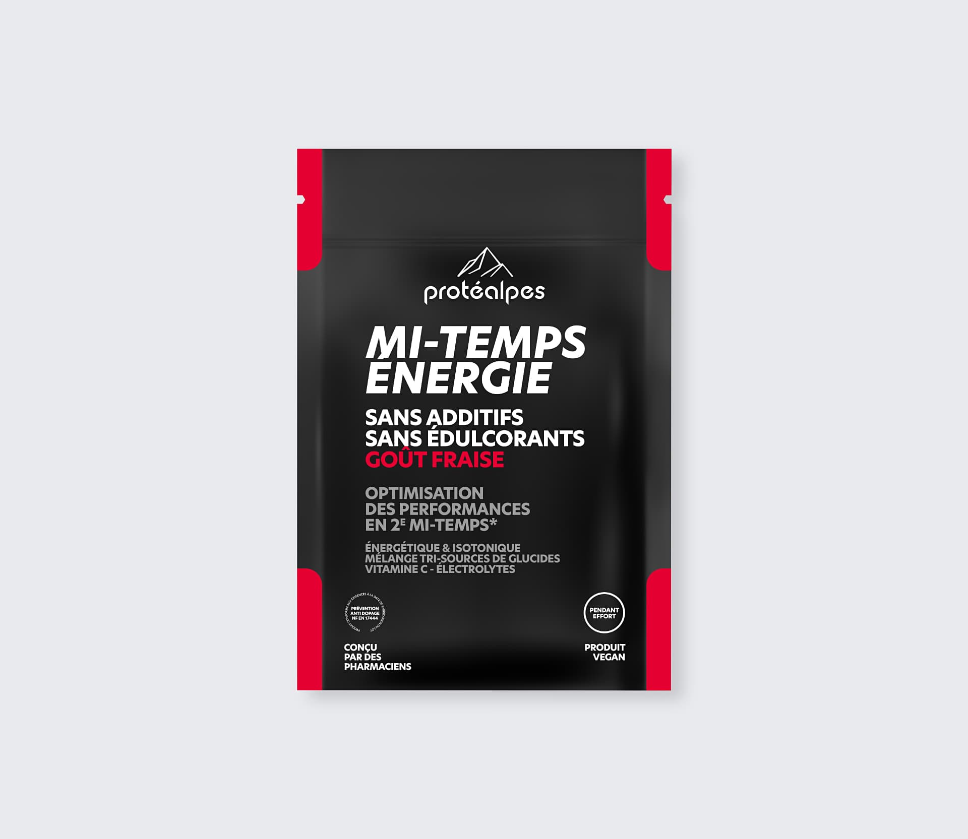 Sachet Protéalpes Mi-Temps Energie goût fraise, sans additifs ni édulcorants, pour optimiser les performances sportives.
