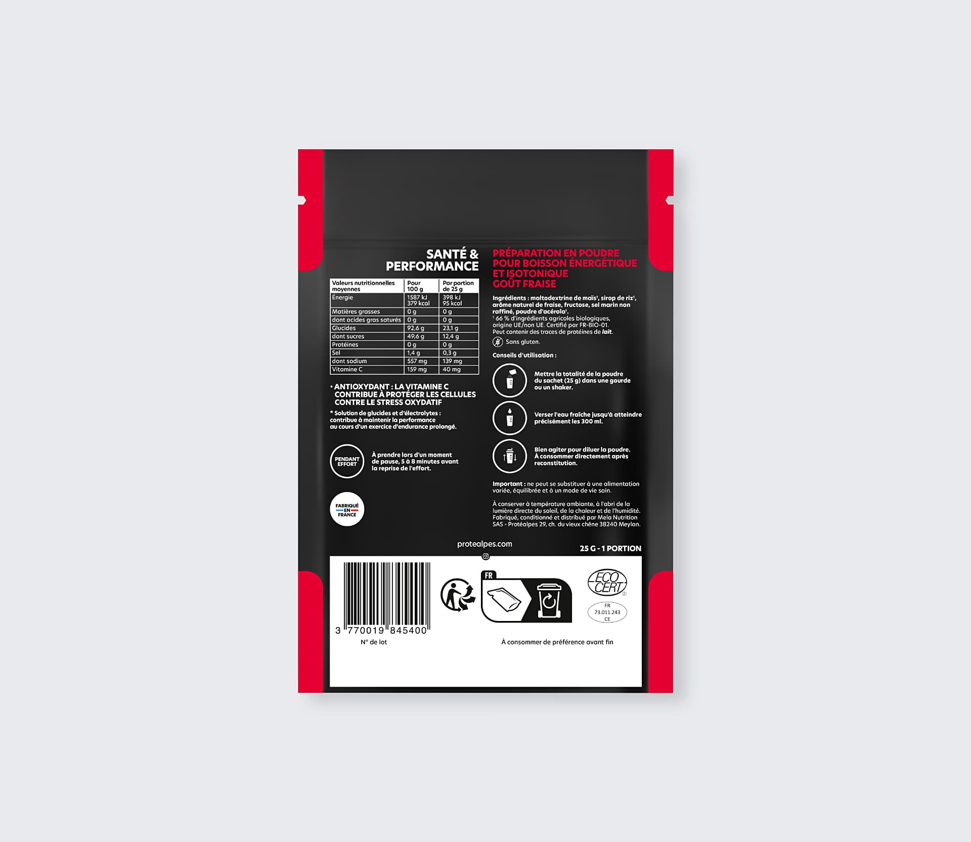 Packaging de préparation pour boisson énergétique goût fraise Protéalpes, sans édulcorants ni additifs, nutrition sportive.