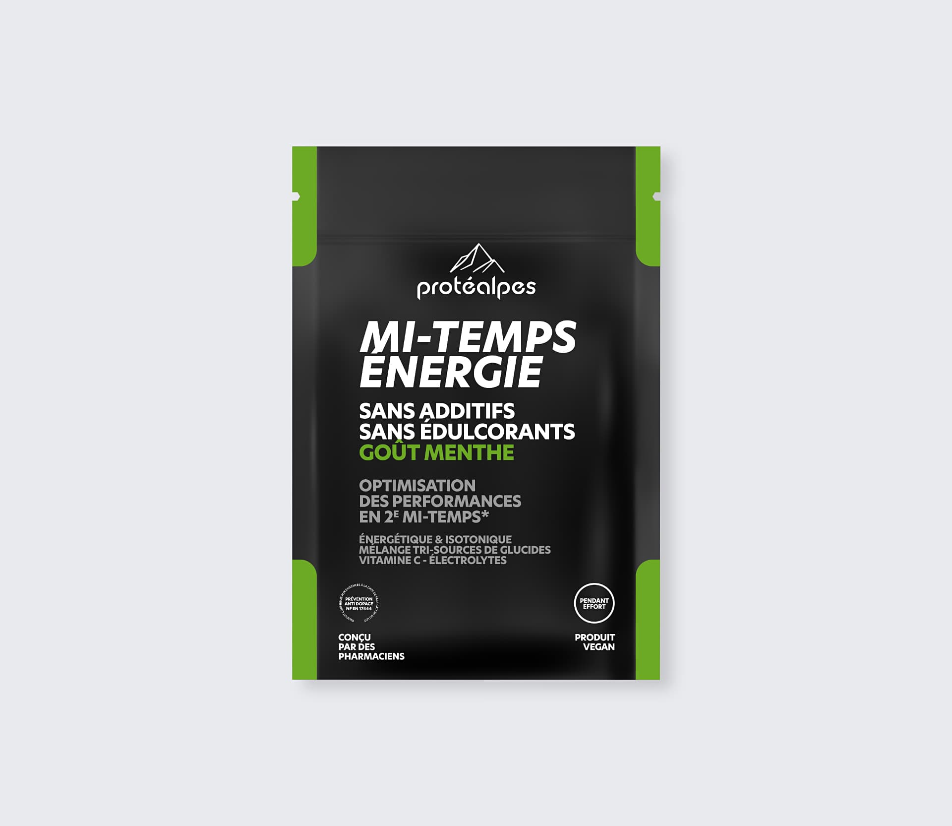 Sachet de boisson énergétique Protéalpes goût menthe, sans additifs ni édulcorants, pour optimiser les performances sportives.