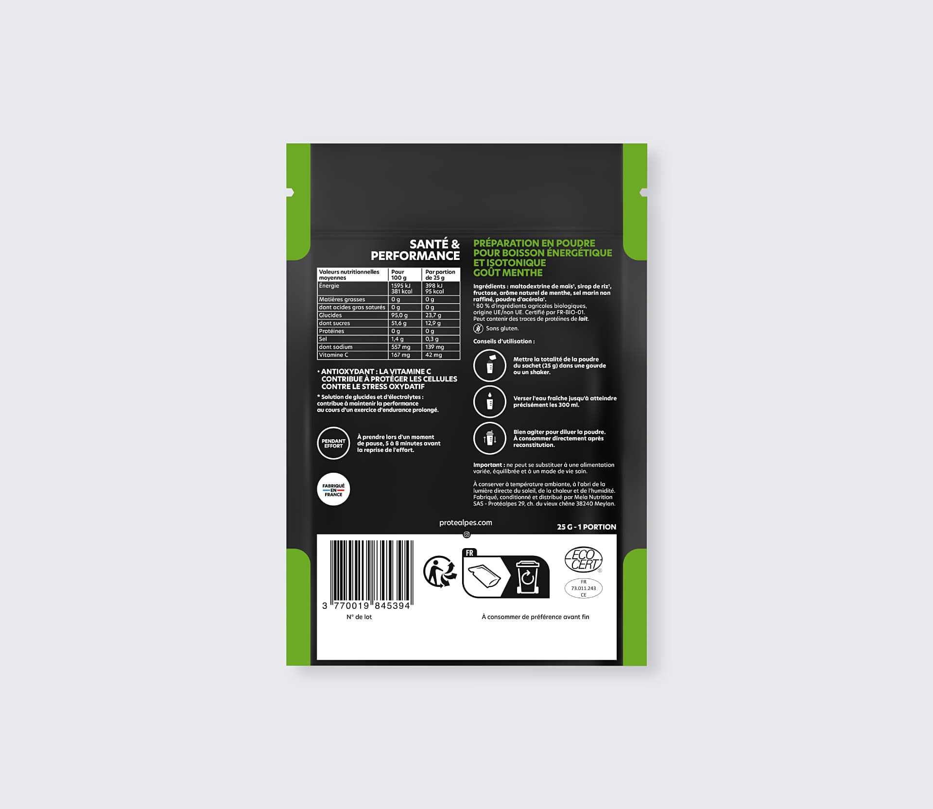 Pochette Protéalpes de boisson énergétique goût menthe, sans édulcorants ni additifs, pour performance sportive optimale.