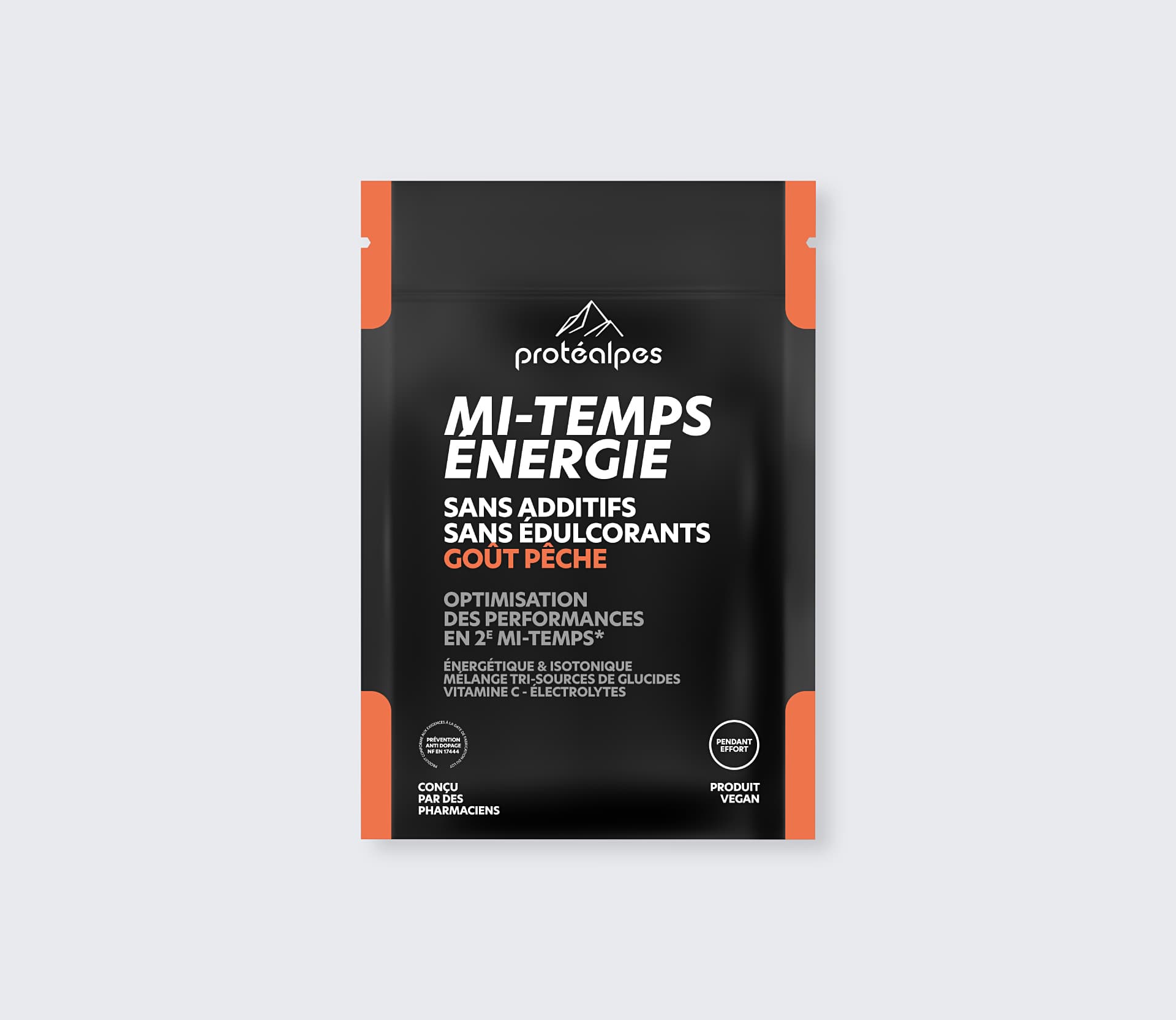 Sachet Protéalpes Mi-Temps Énergie goût pêche, sans additifs ni édulcorants, pour améliorer les performances sportives.