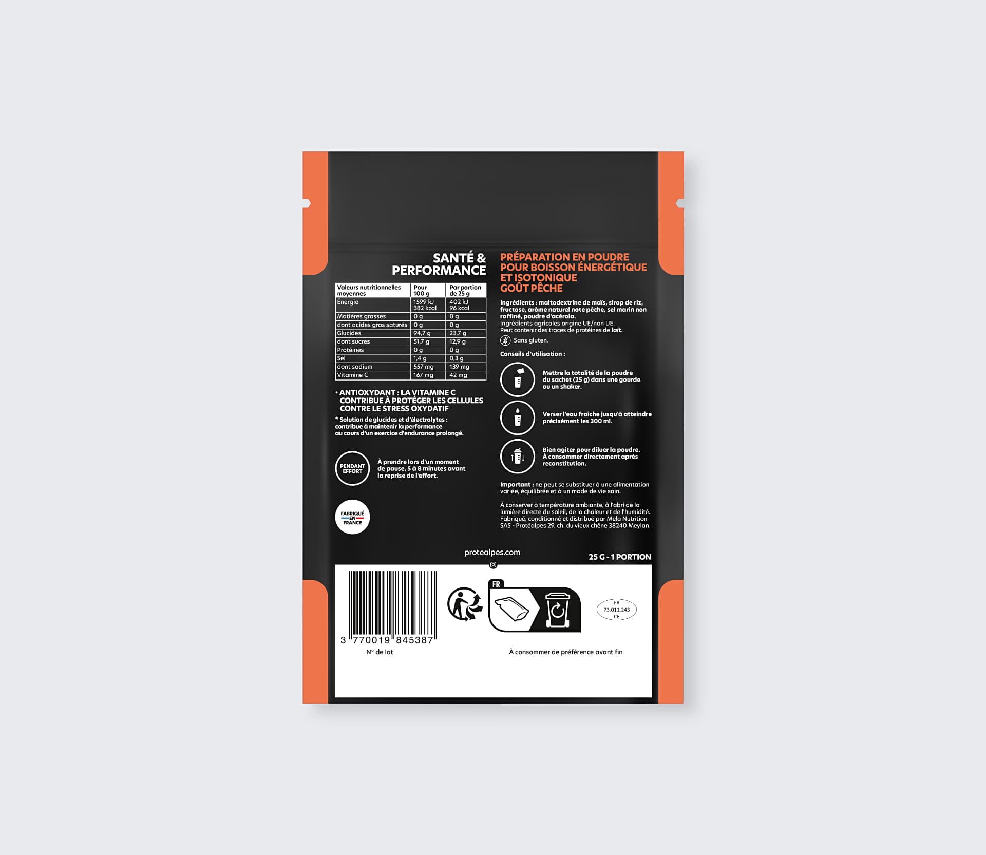 Packaging de préparation énergétique Protéalpes, goût pêche, sans édulcorants ni additifs, pour haute performance sportive.