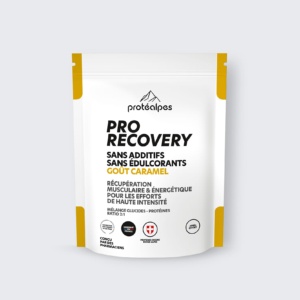 Emballage de ProRecovery goût caramel, sans additifs ni édulcorants, pour la récupération sportive intense.