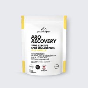 Emballage de Pro Recovery Protéalpes, vanille, sans additifs ni édulcorants, pour récupération musculaire et énergétique.