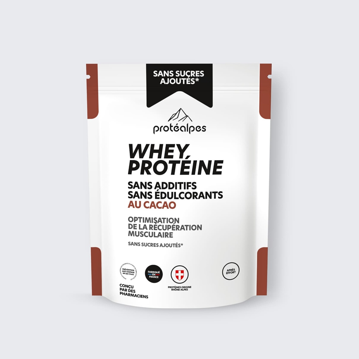 Whey protéine au cacao Protéalpes : sans additifs, sans édulcorants, optimise la récupération musculaire. Fabriqué en Rhône-Alpes.
