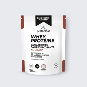 Whey protéine au cacao Protéalpes : sans additifs, sans édulcorants, optimise la récupération musculaire. Fabriqué en Rhône-Alpes.
