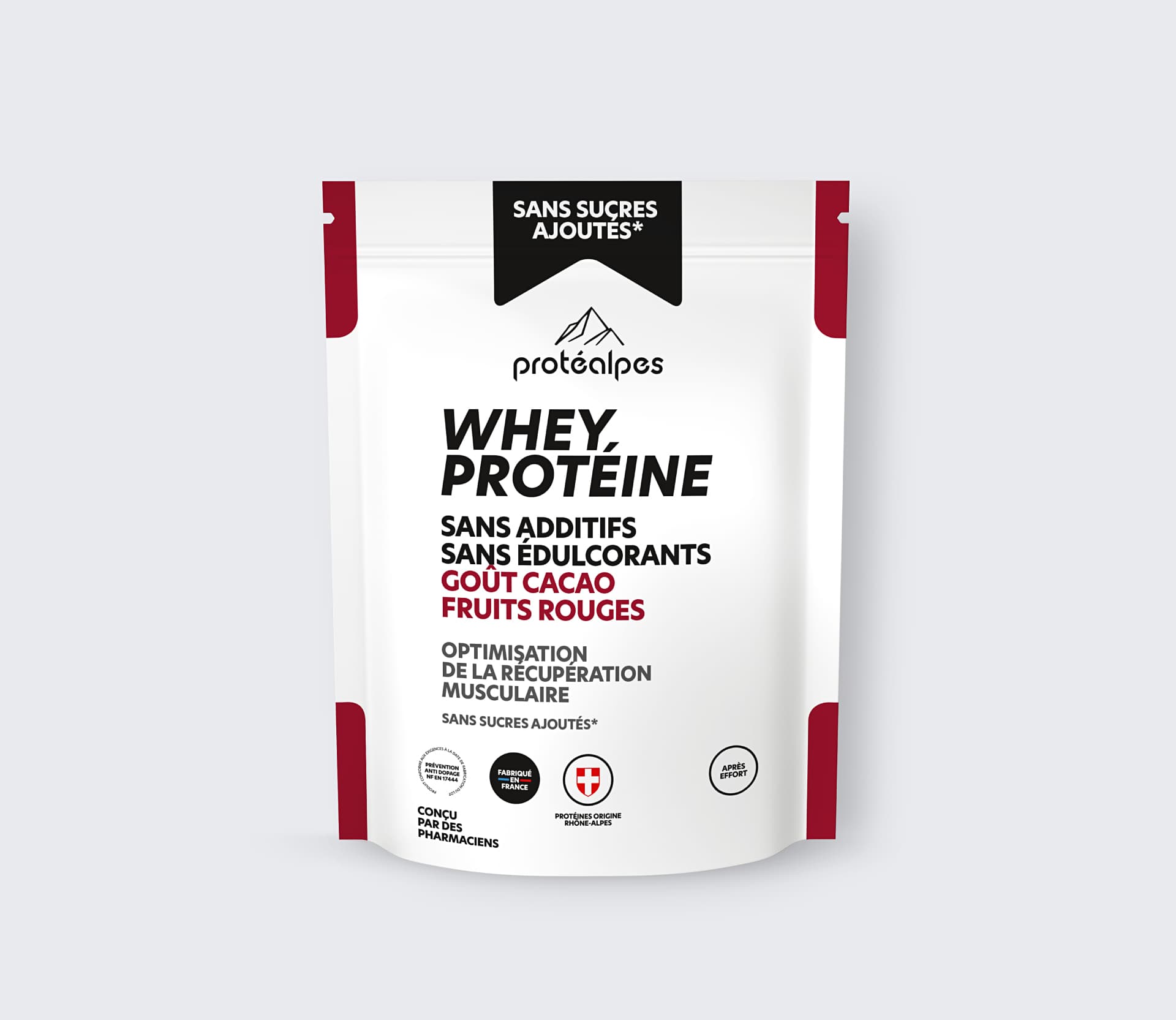 Whey protéine goût cacao fruits rouges – Sans sucres ajoutés