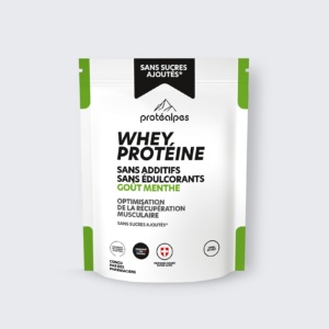 Protéalpes Whey Protéine menthe, sans additifs ni édulcorants, pour une récupération musculaire optimale et naturelle.