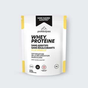 Protéalpes Whey Protéine vanille, haute qualité, sans additifs ni édulcorants. Optimisation récupération musculaire.