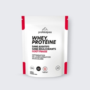 Protéalpes Whey Protéine goût fraise: sans additifs ni édulcorants, pour une récupération musculaire optimale.