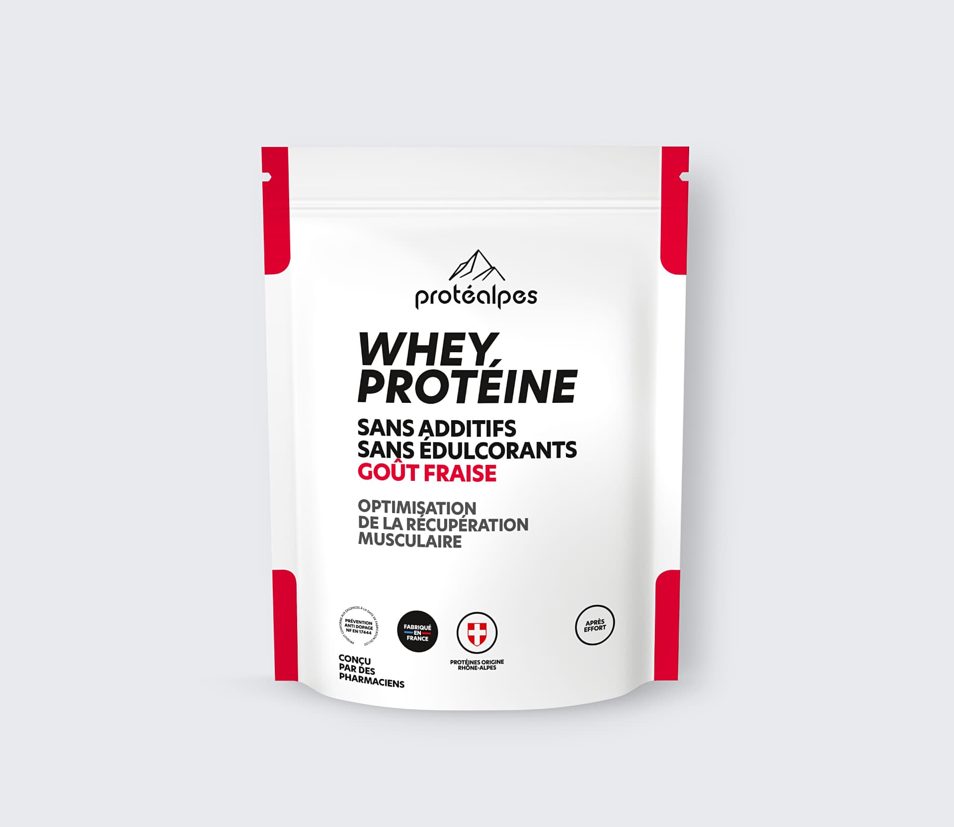 Protéalpes Whey Protéine goût fraise: sans additifs ni édulcorants, pour une récupération musculaire optimale.