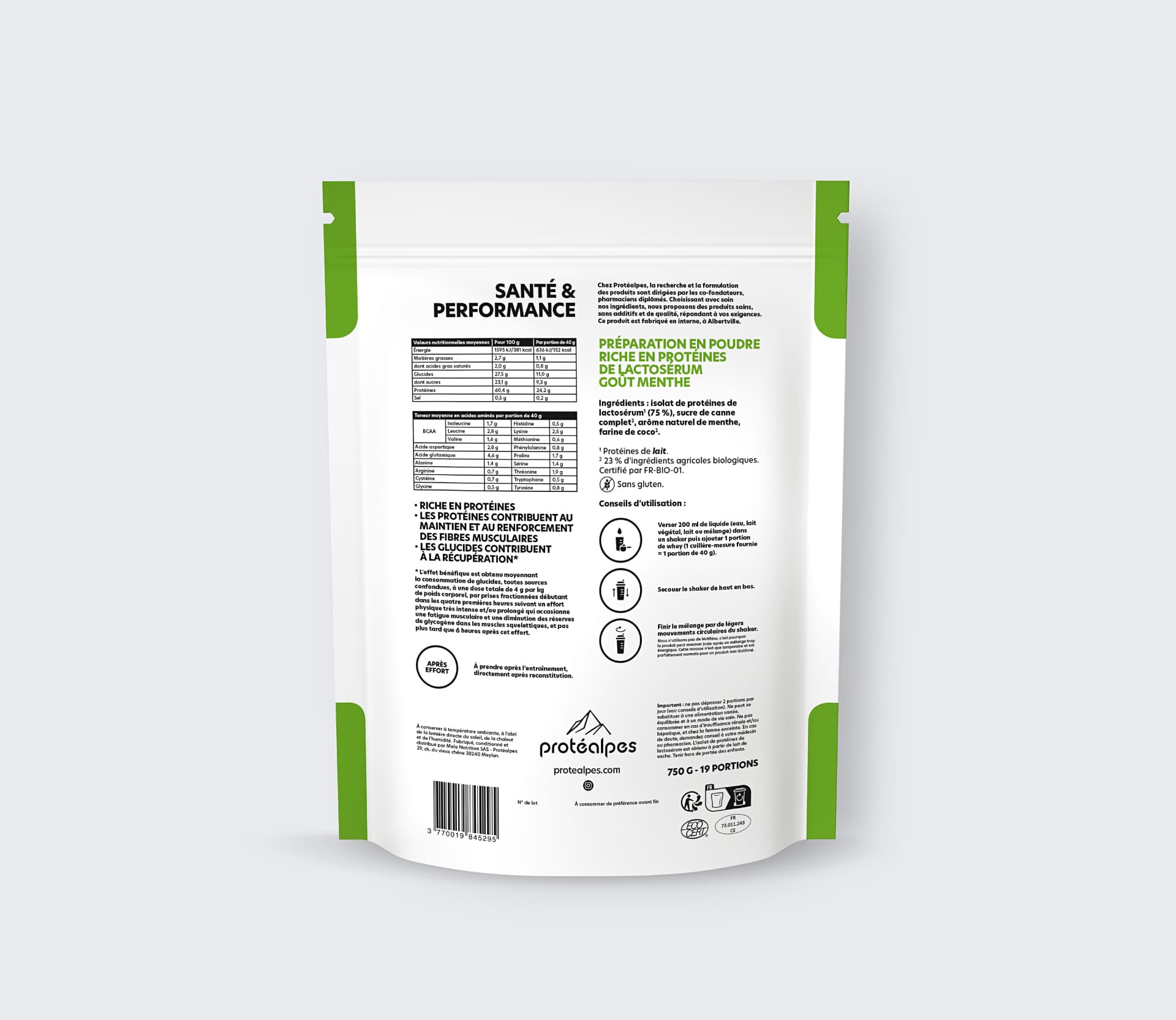 Emballage de poudre protéinée Protéalpes, goût menthe, sans édulcorants ni additifs, pour nutrition sportive de haute qualité.