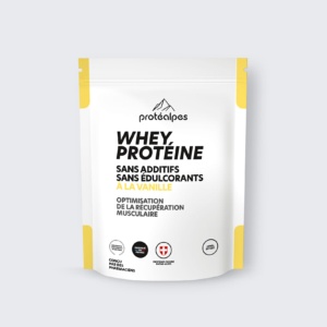 Protéalpes Whey Protéine Vanille : sans additifs, sans édulcorants, pour une récupération musculaire optimale après effort.