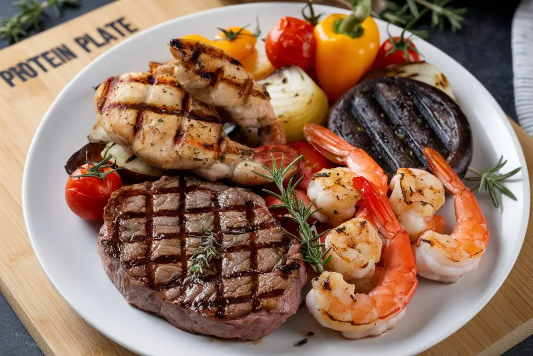 Assiette protéinée avec viande grillée, crevettes et légumes frais. Nutrition sportive Protéalpes, sans édulcorants ni additifs.