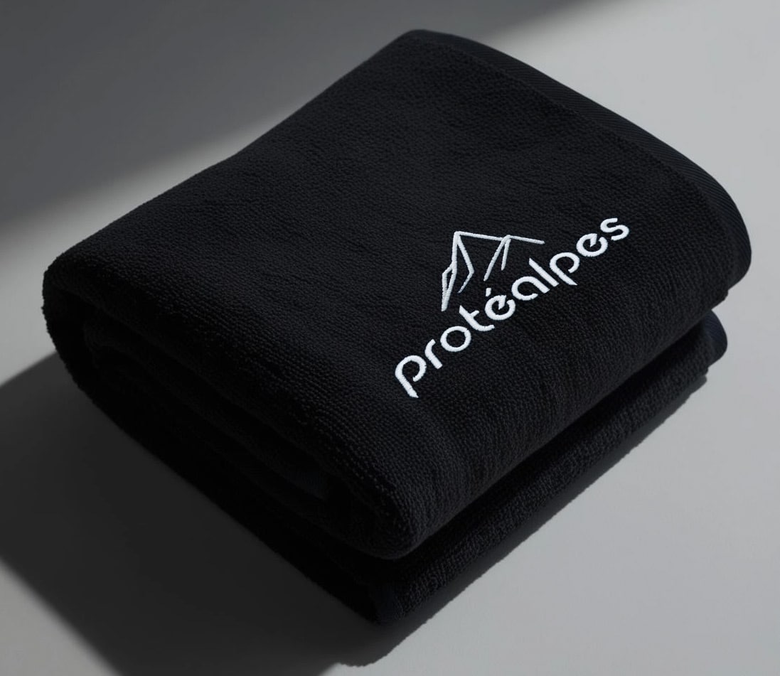 Serviette en tissu noir avec logo Protéalpes, représentant notre engagement envers la nutrition sportive sans additifs ni édulcorants.