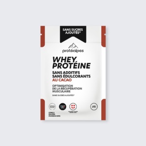 ProtéAlpes Whey Protéine cacao, sans additifs ni édulcorants, pour une récupération musculaire optimale et naturelle.