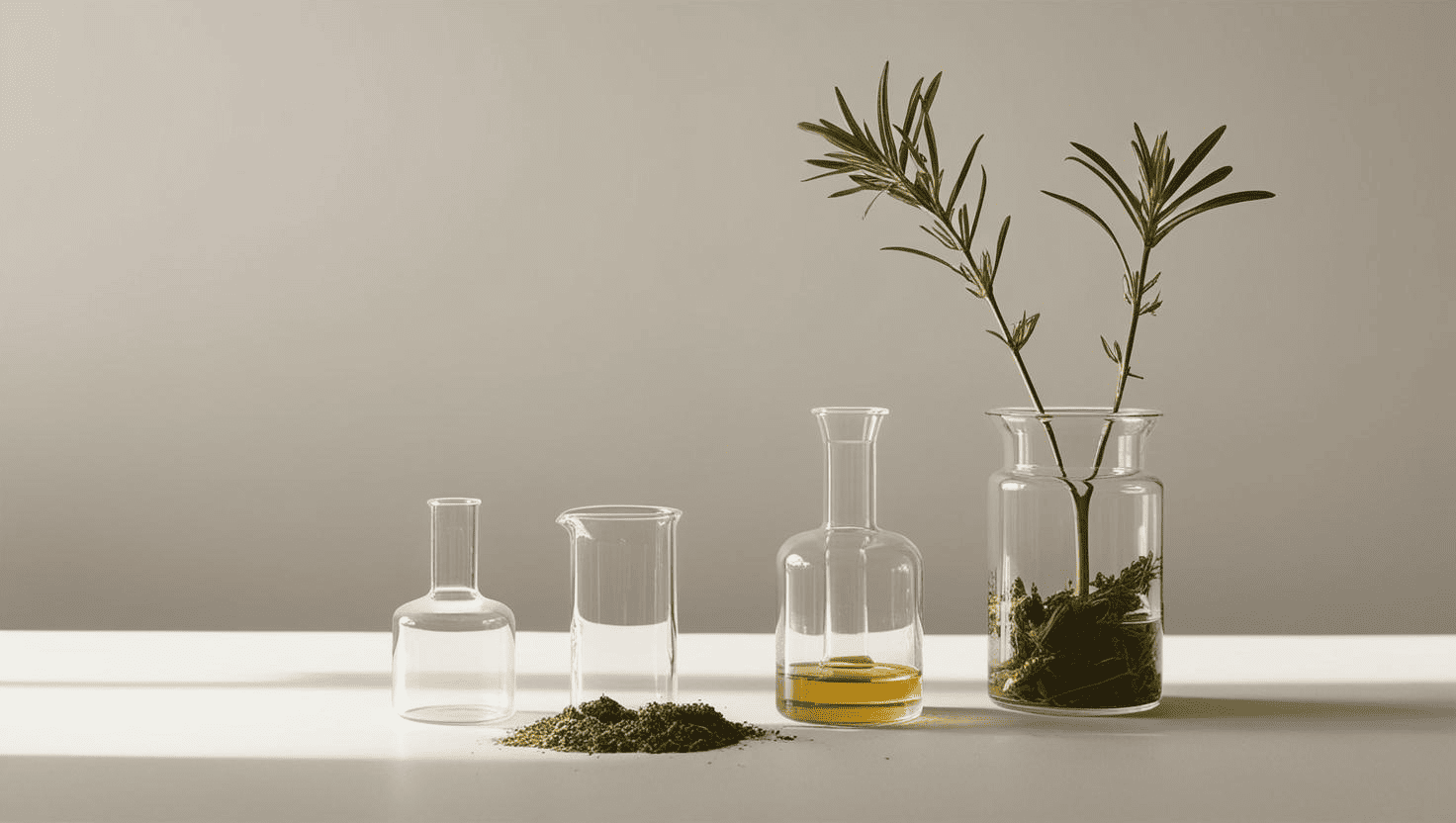 Flacons en verre avec herbes, huile et plantes, symbolisant la pureté et la naturalité des produits sportifs Protéalpes.