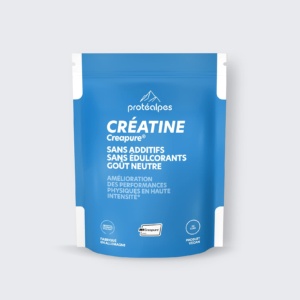 Sac de créatine Creapure Protéalpes, sans additifs ni édulcorants, goût neutre, pour performances sportives optimales.