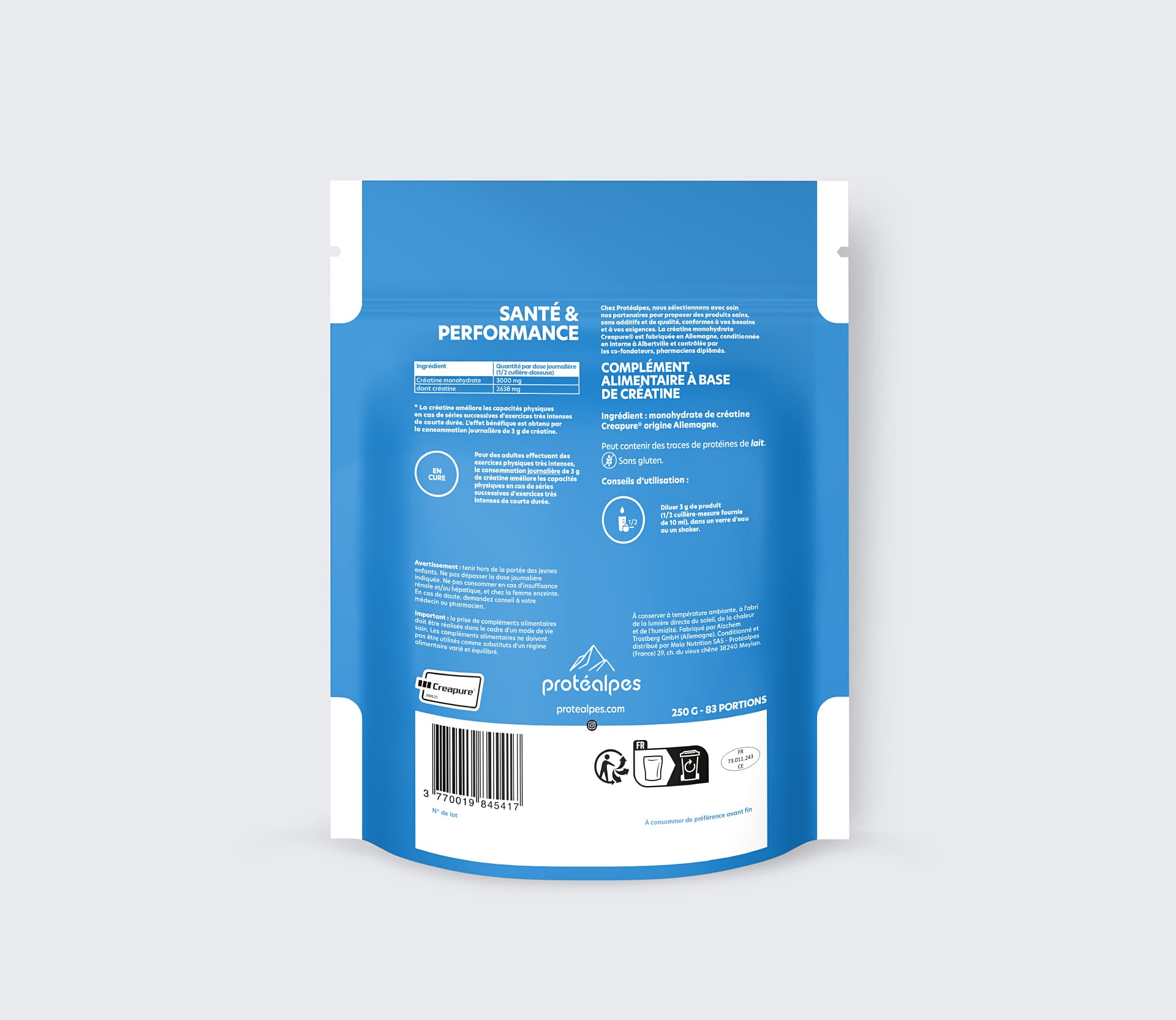Emballage de créatine Protéalpes, nutrition sportive sans édulcorants ni additifs, idéal pour santé et performance.
