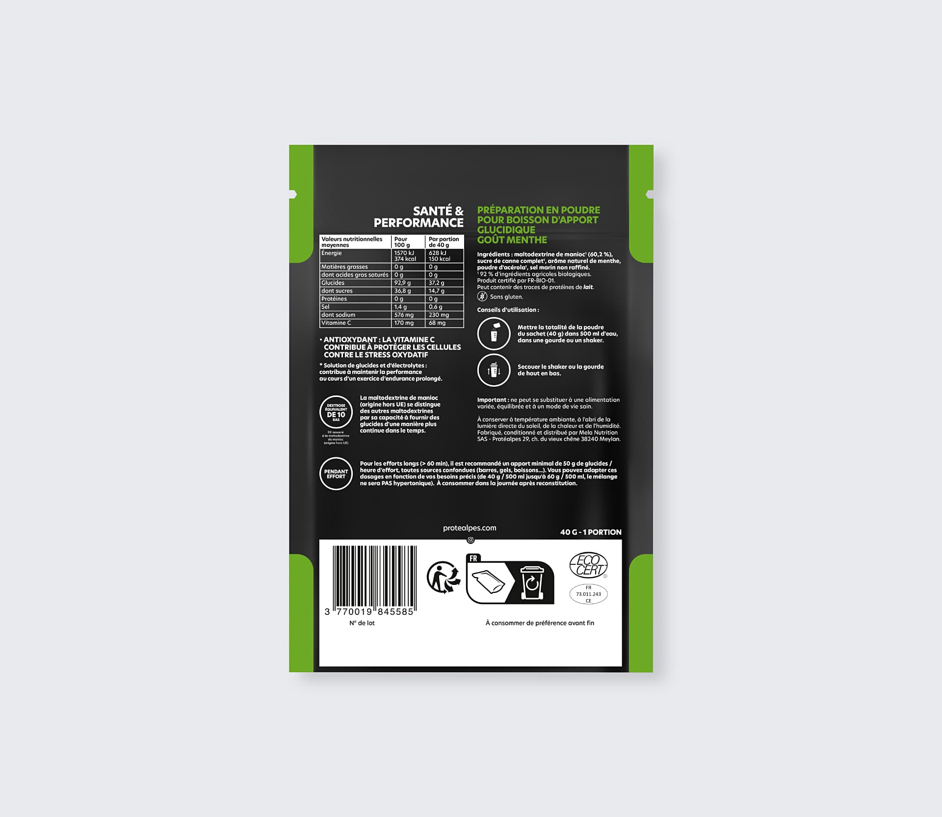 Sachet de poudre pour boisson glucidique goût menthe de Protéalpes, sans édulcorants ni additifs, idéal pour la nutrition sportive.