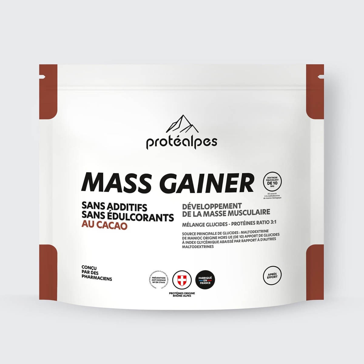 Protéalpes Mass Gainer au cacao, sans additifs ni édulcorants, pour le développement musculaire. Fabrication française.