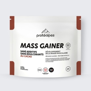 Protéalpes Mass Gainer au cacao, sans additifs ni édulcorants, pour le développement musculaire. Fabrication française.
