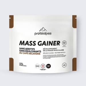Emballage de Mass Gainer Protéalpes, sans additifs ni édulcorants, café décaféiné, nutrition sportive de haute qualité.