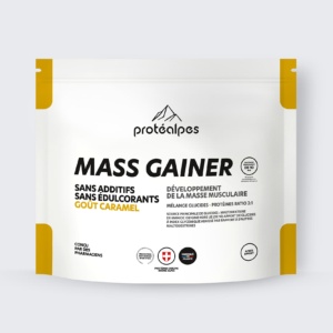 Protéalpes Mass Gainer sans édulcorants ni additifs, goût caramel, pour le développement musculaire. Fabriqué en France.