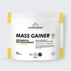 Protéalpes Mass Gainer vanille, sans additifs ni édulcorants, idéal pour la masse musculaire. Mélange glucides-protéines 3:1.