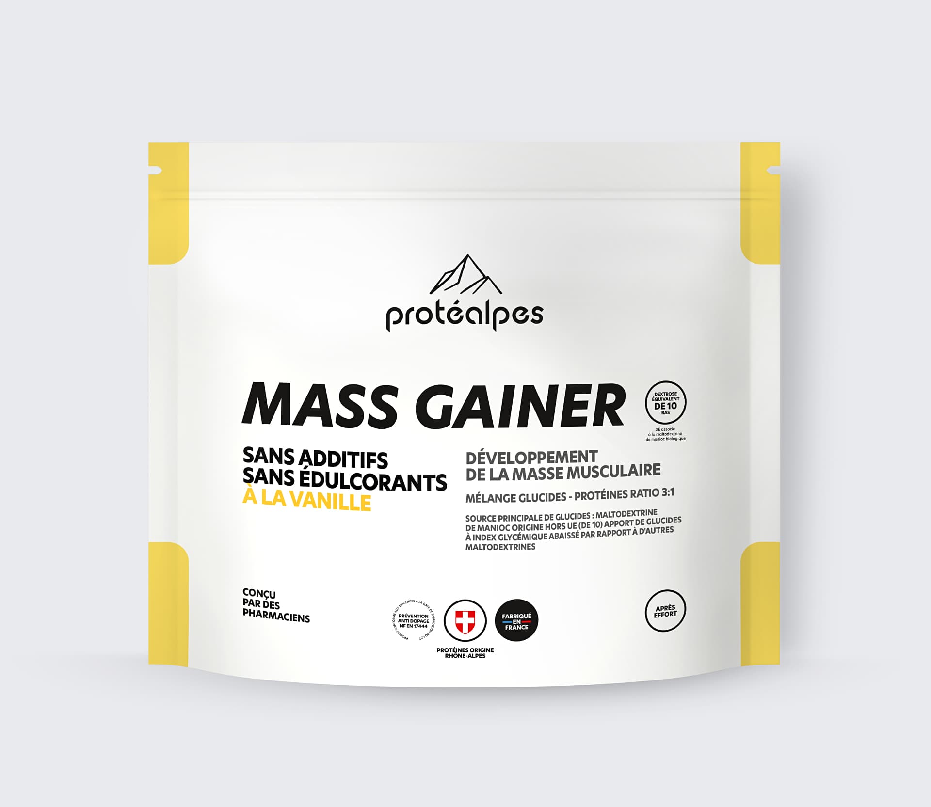 Protéalpes Mass Gainer vanille, sans additifs ni édulcorants, idéal pour la masse musculaire. Mélange glucides-protéines 3:1.