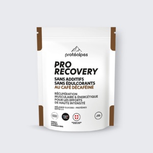 Sac de Pro Recovery Protéalpes, mélange glucides-protéines sans additifs, sans édulcorants, goût café décaféiné.