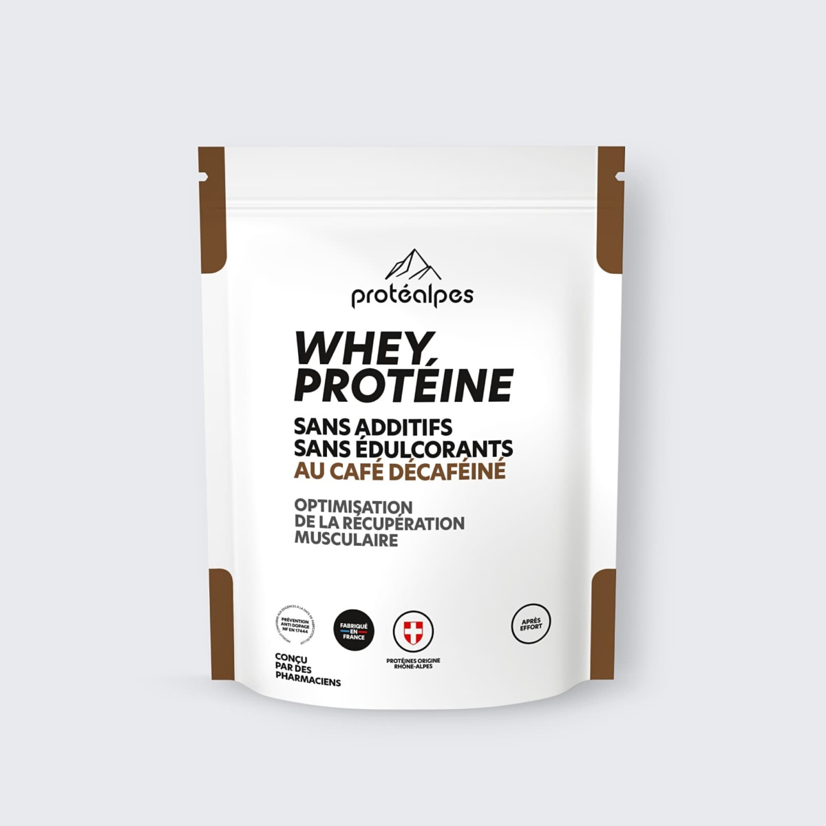 Beutel Whey Protein Protealpes, entkoffeinierter Kaffee, ohne Zusatzstoffe oder Süßstoffe. Optimierung der Muskelerholung.