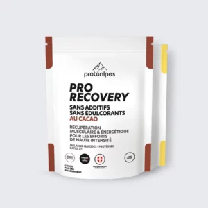Sachet Protéalpes Pro Recovery cacao, sans additifs ni édulcorants, pour une récupération sportive de haute intensité.