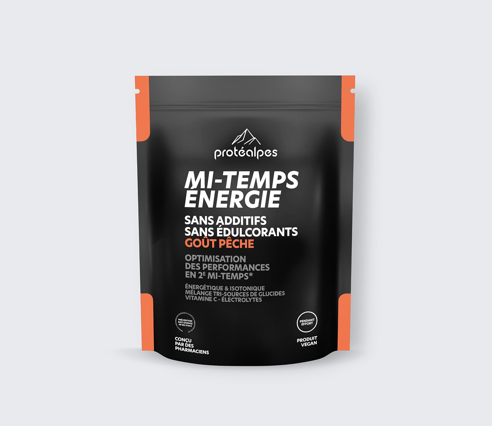 Sachet Protéalpes Mi-Temps Énergie goût pêche, sans additifs ni édulcorants, pour améliorer les performances sportives.