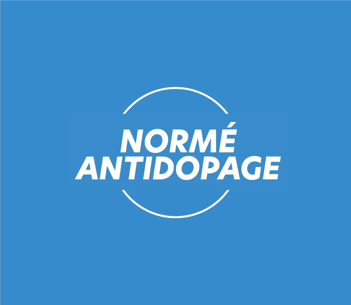 Texte Normé Antidopage sur fond bleu, reflétant l'engagement de Protéalpes à offrir des produits sportifs sûrs et naturels.